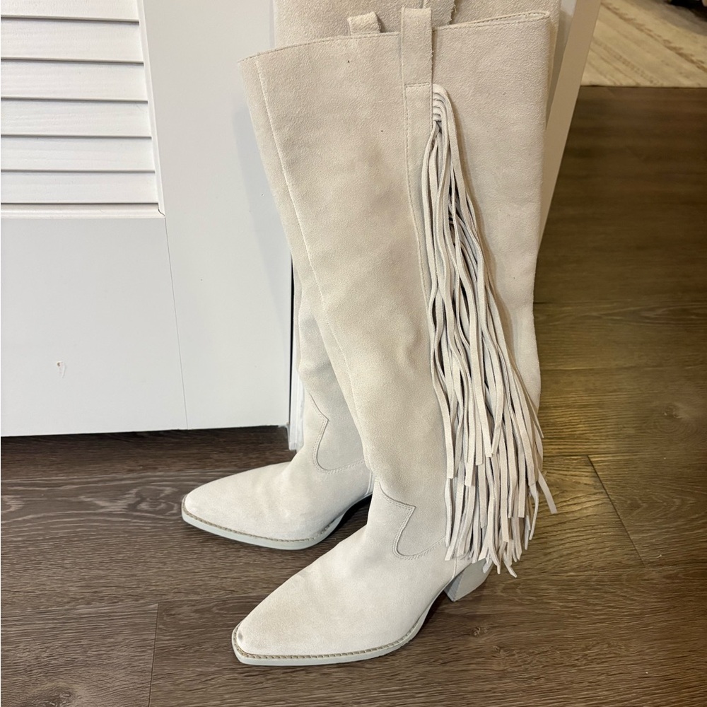 Vince Camuto Cream Over the Knee Fringe Boots